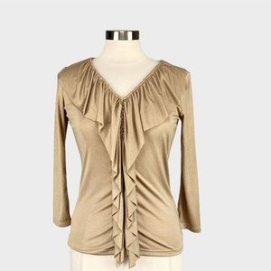 Ellen Tracy Gold Metallic Shimmer Ruffle Long Sleeve V Neck Blouse XS